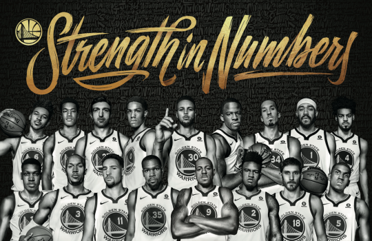 Team photo of the 2017-18 Golden State Warriors. 